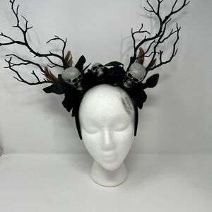 Halloween Head Band Skulls Tree Branches Black Roses Feathers New With Tags